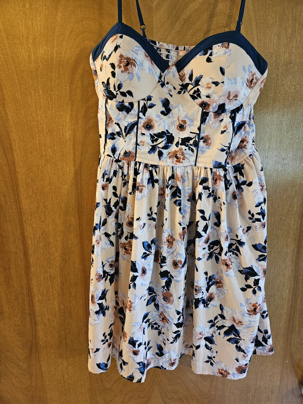 Band of Gypsies Blush Floral Midi Dress with Navy Trim